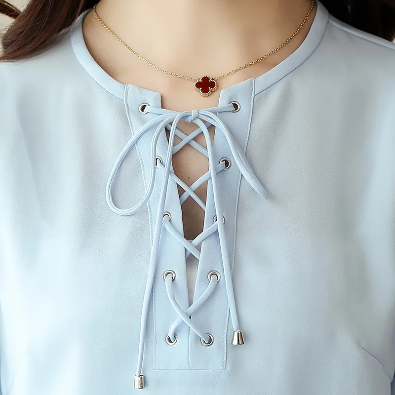 Сексуальные blusas 2018 Для женщин Повседневное Кружево Up выдалбливают V шеи Блузка с