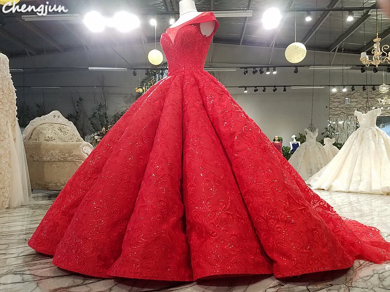Chengjun Luxury Red Satin Beaded Appliques Ball Gown Wedding Dress | Свадьбы и торжества