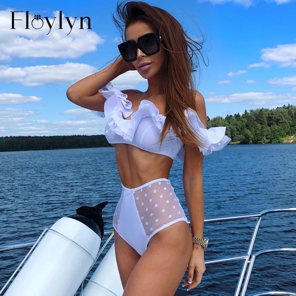 Floylyn, бикини с высокой талией, белая сетка, купальный костюм для женщин, купальный костюм с оборками, с открытыми плечами, купальник в горошек, пуш-ап, бикини