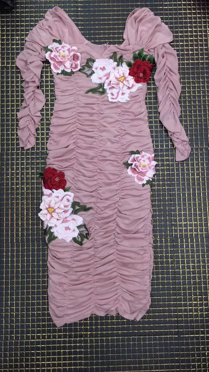 Elegant high quality sexy women pink lace square collar long sleeve dress 2018 fashion mid - calf bandage | Женская одежда