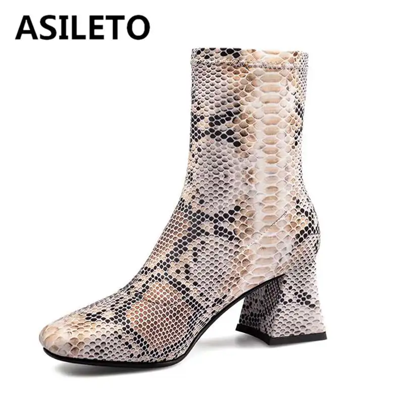 ASILETO/женские ботинки со змеиным принтом Ботильоны с квадратным носком Обувь на