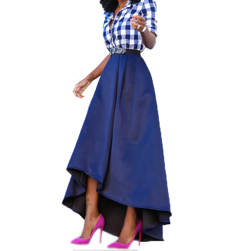 

Fashion 2016 Royal Blue High Low Long Skirts For Women Zipper Summer Style Skirt Custom Made Pleat Women Clothing