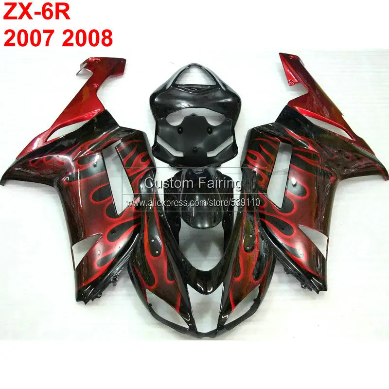 

Free Custom fairings for Kawasaki zx6r zx 6r Ninja 07 08 2007 2008 red flames Injection fairing kit TP32