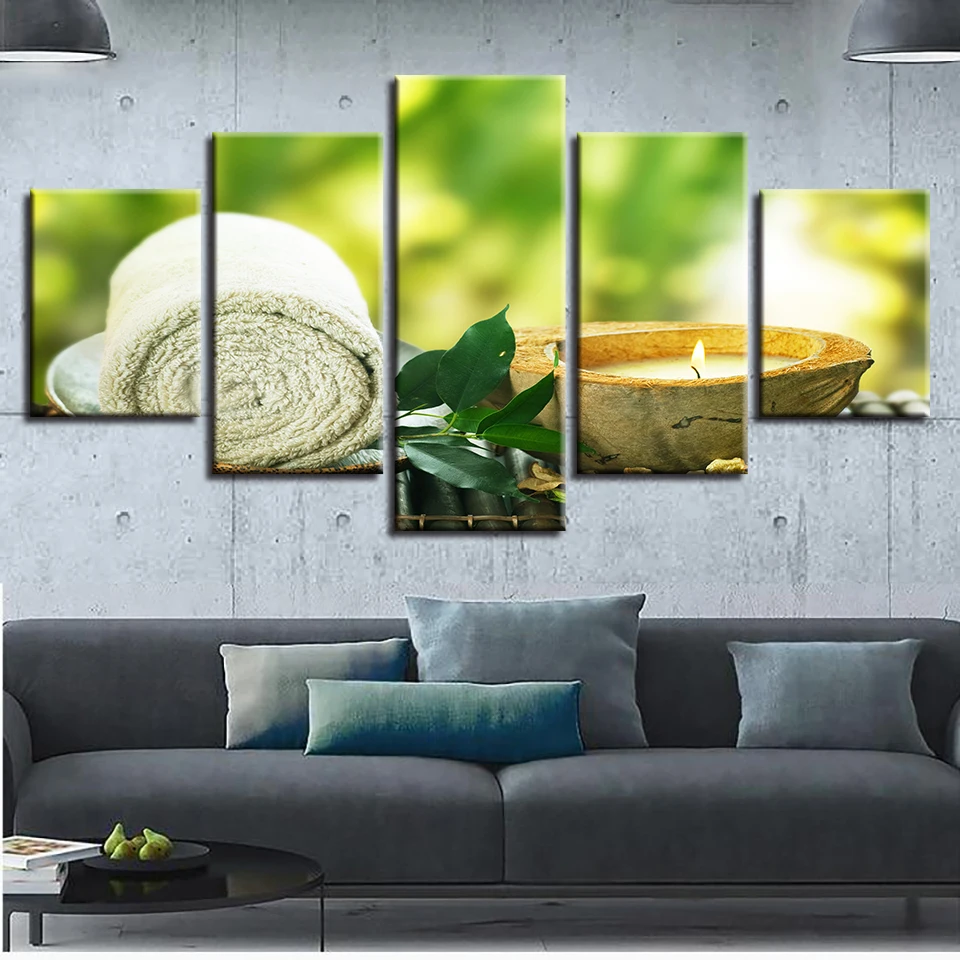 

Bedroom Decoration Wall Art 5 Pieces Zen Candles Green Leaf Towel Paintings Poster Modular Canvas Pictures Modern Prints Artwork