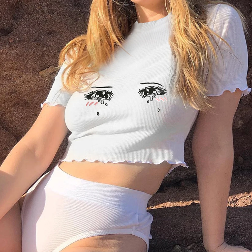 summer new style Simple and versatile tears comic eye top Embroidery sexy navel t-shirt fashion | Женская одежда