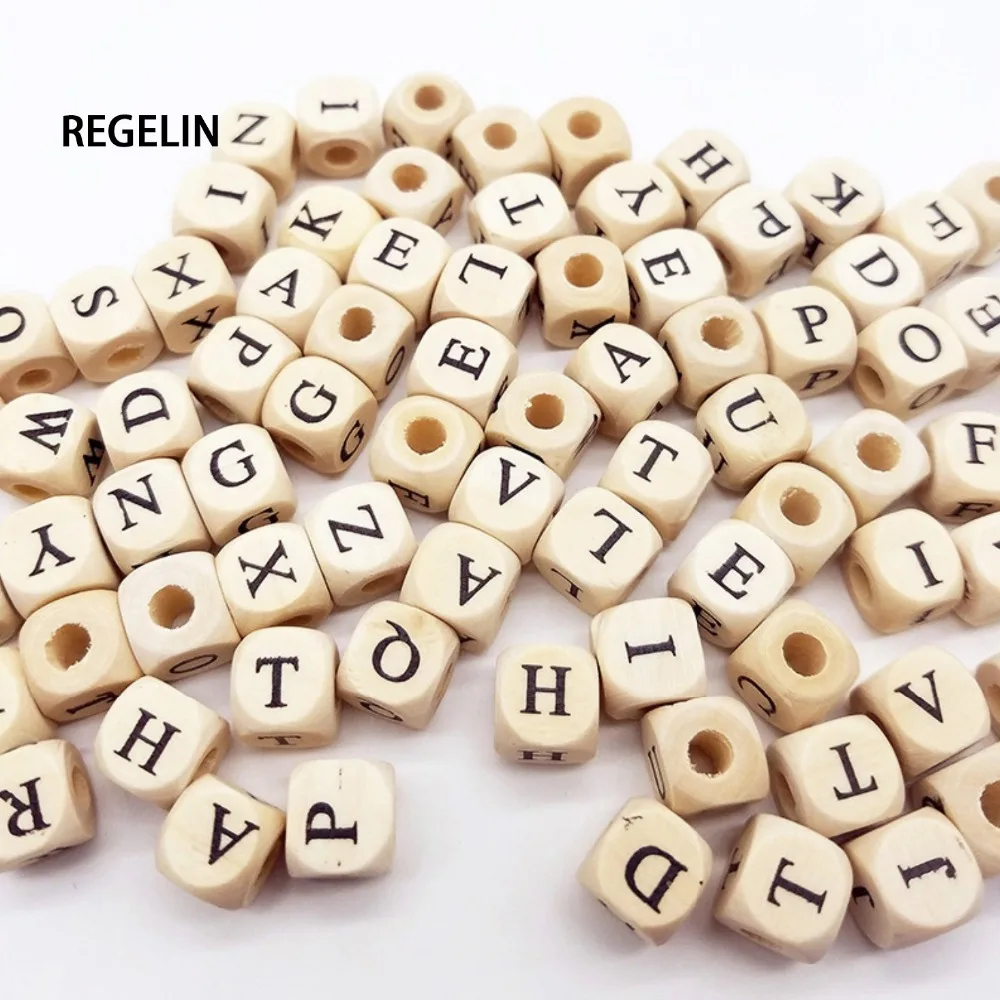 10mm 100PCs Square Natural Wooden Alphabet Beads A-Z Letter beads for bracelets Spacer Baby Smooth Teether Jewelry Pacifier DIY