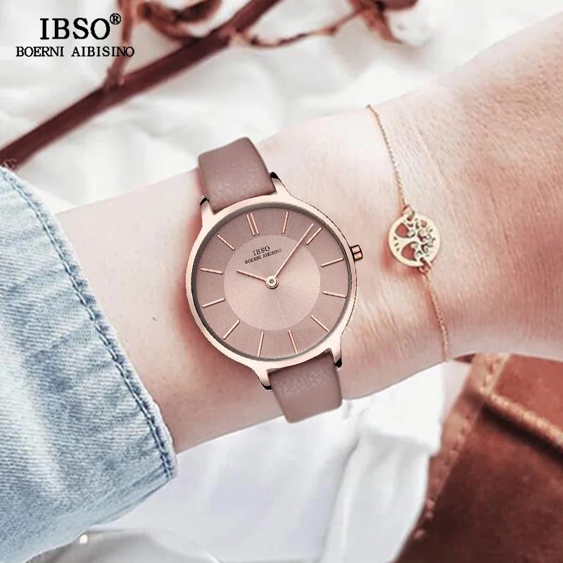 IBSO новый бренд 8 мм ультратонкие кварцевые часы женские серые кожаные 2019