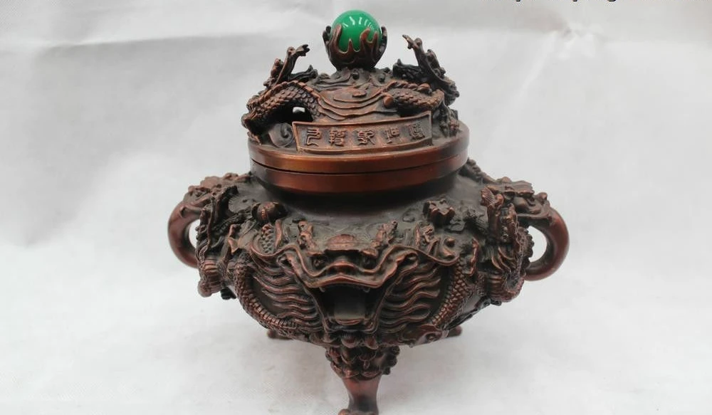 

10"Marked Chinese Dynasty Bronze Nine Dragon Play Bead Incense Burner Censer