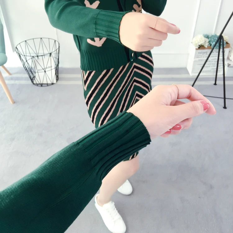 

New winter knitting stripe suit korean fashion women sweater & package hip skirt two-piece clothing set woman vestidos girl