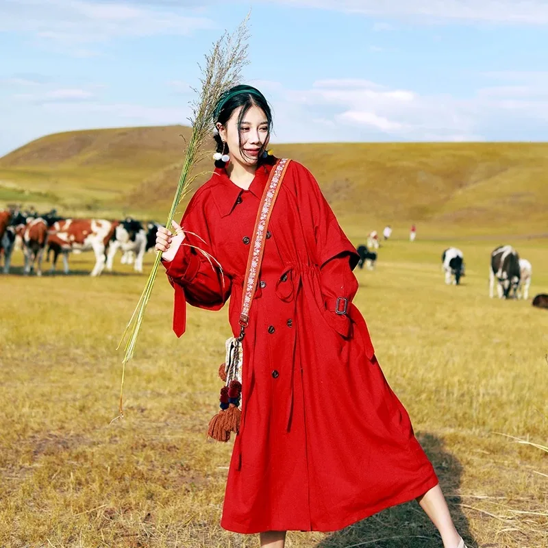 

Женский двубортный Тренч MX245, с регулируемой талией, винтажный, темно-красный