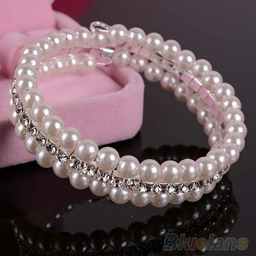 2014 Мода 2 ряда белый искусственный жемчуг горный хрусталь стрейч женские