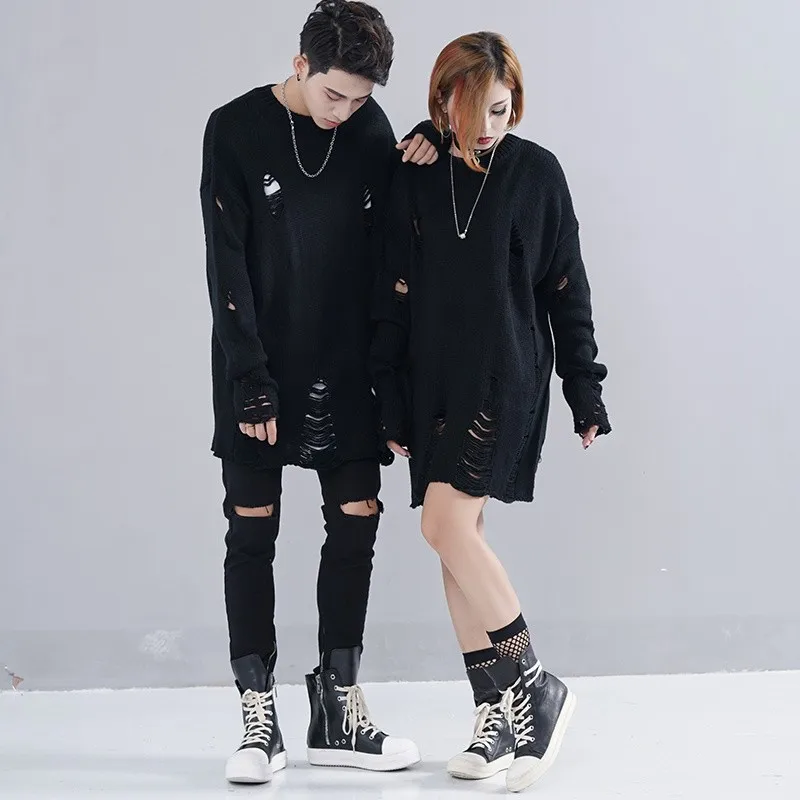 Мешковатый пуловер для мужчин Модный повседневный черный с дырками влюбленных |