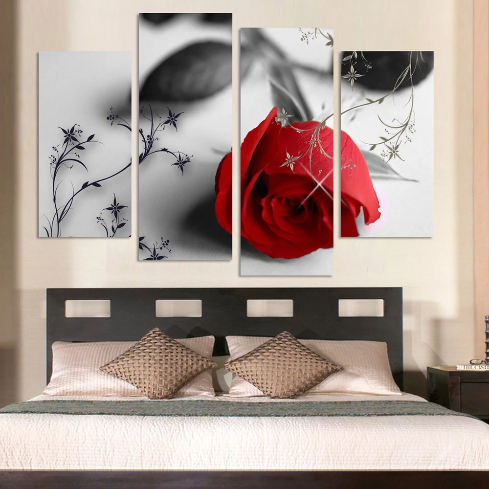 4 шт canvasThe красная роза цветы холст Картина декор комнаты печати wall art|Рисование и