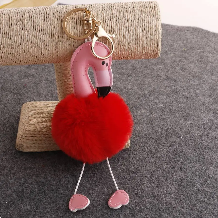 

Cute Chaveiro Flamingo big pom pom Keychain Chain Llaveros Fluffy Fake Rabbit Fur Ball Women Car Bag pompom Key Ring Accessories