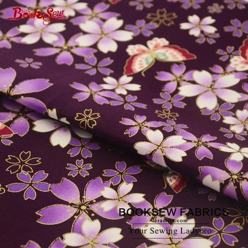 Хлопчатобумажная льняная ткань Booksew с бабочками и цветами Золотая фольга для