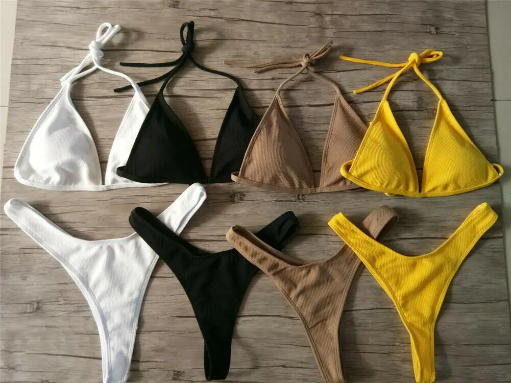 Женский купальник бикини с высокой талией Одноцветный пуш ап пляжная одежда лето