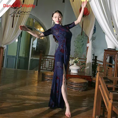 Dark blue Новые женские платья танец живота женщины сетка танец живота костюмы для восточных соревнований танец живота костюмы - Цвет: Dark blue