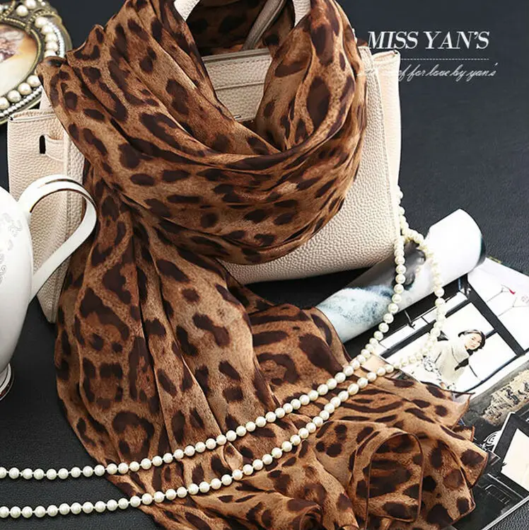 Шарф женский из натурального шелка модные кофейные шарфы с леопардовым принтом