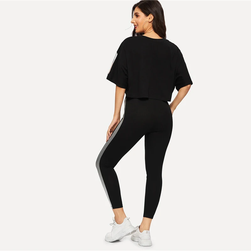 SweatyRocks Colorblock летучая мышь укороченный топ и контрастная панель брюки для девочек комплект повседневное Athleisure комплект из двух предметов для женщи