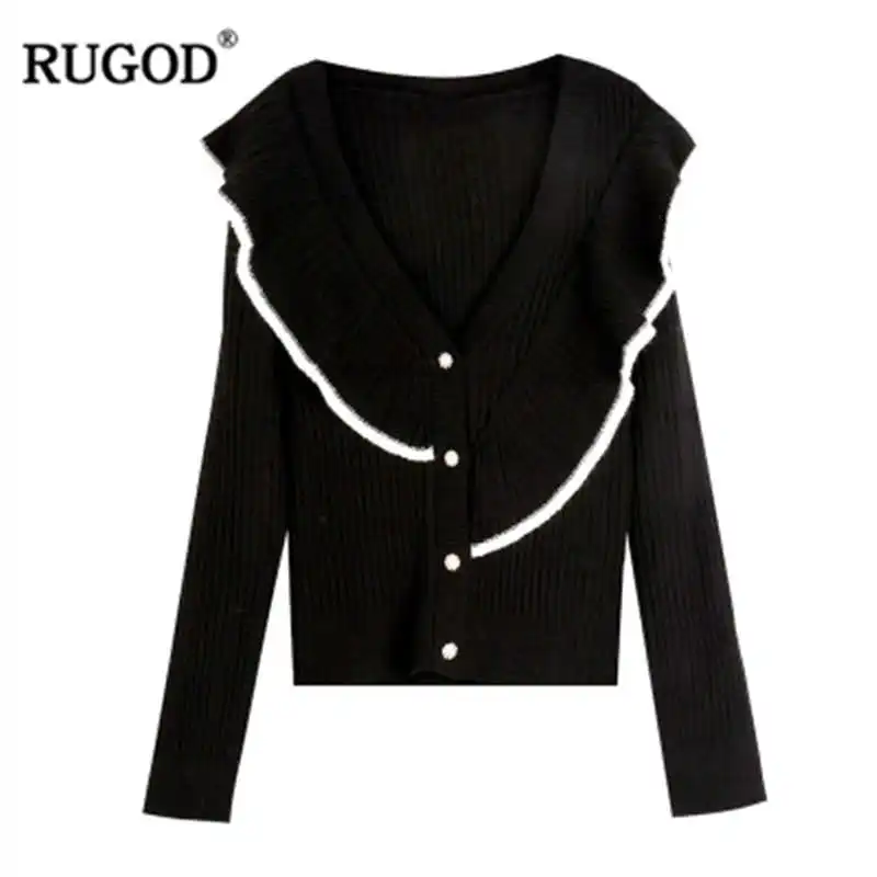 

RUGOD Fashion Female V-Neck Sweater 2019 New Casual Ruffles Solid Single Breasted Knitted Cardigans For Women Sueter Mujer