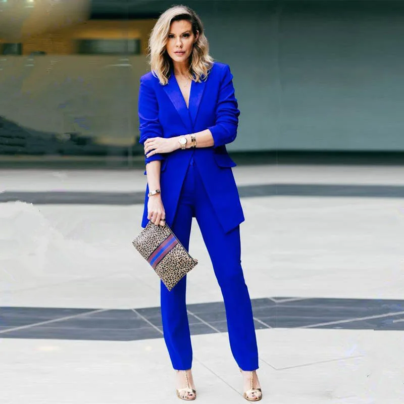Новинка, ярко-синий стиль, деловые костюмы, облегающая женская офисная форма, элегантные Брючные костюмы, женские костюмы с брюками