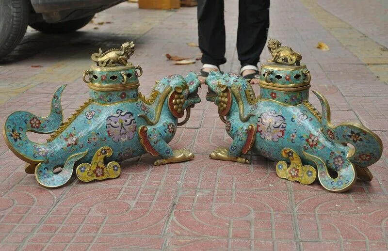 

wedding decoration China dynasty Bronze Cloisonne enamel Gilt fish beast Incense burner Censer Pair