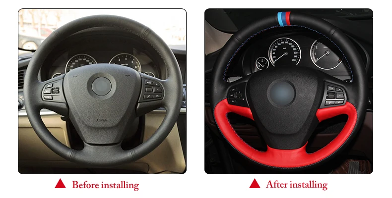 

Hand sewing custom Black Red Leather Light Blue/ Blue /Red Marker Car Steering Wheel Cover for BMW F25 X3 2011-2017 F15 X5