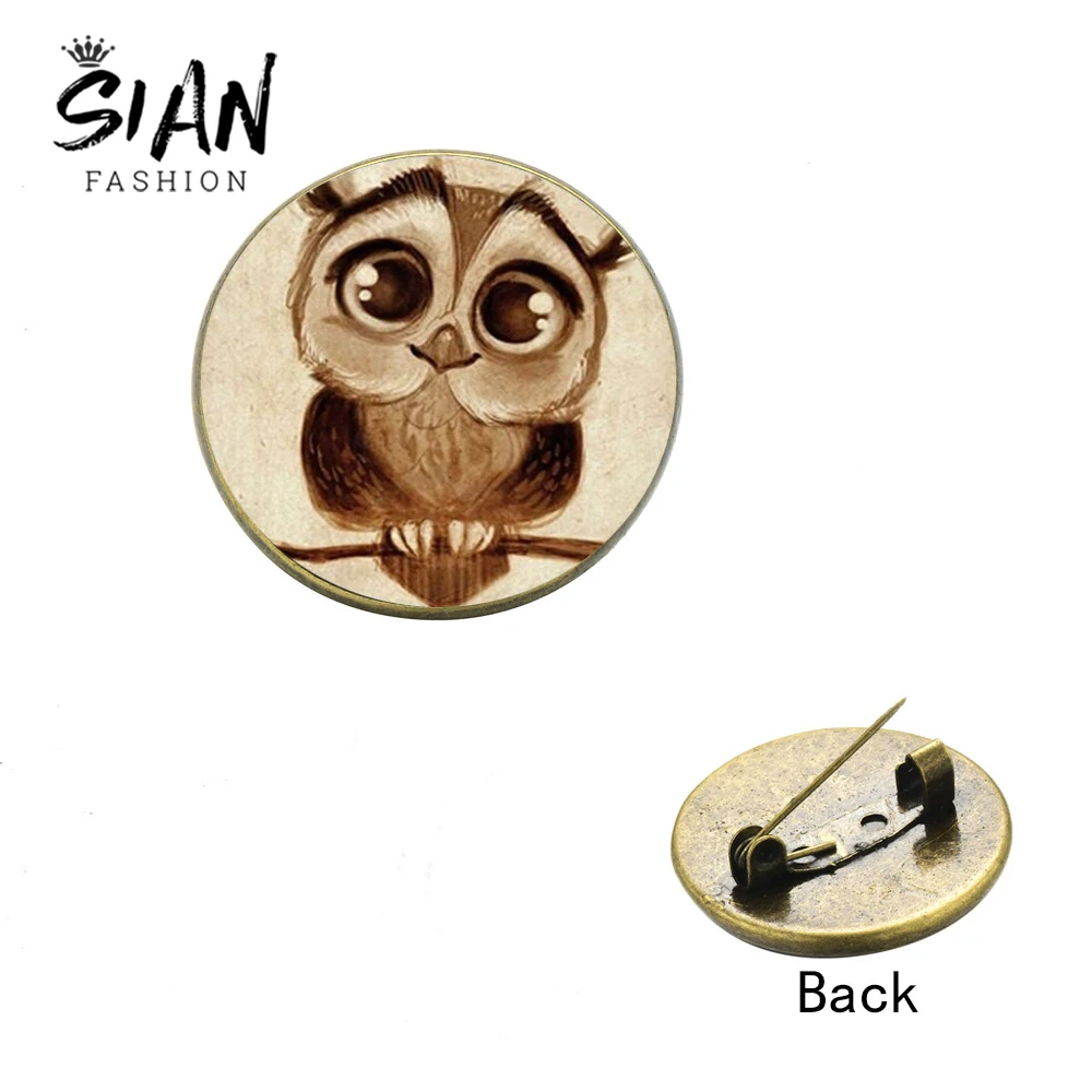 

SIAN Trendy Big Eyed Owl Pins Exquisite Animal Bird Punk Picture Glass Cartoon Vintage Cute Baby Owl Icon Brooch for Women Child