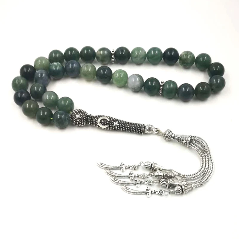 Природные водные Агаты четки камень Tasbih ислам 33 66 99 бусины стиль зеленый человек молитва бусины