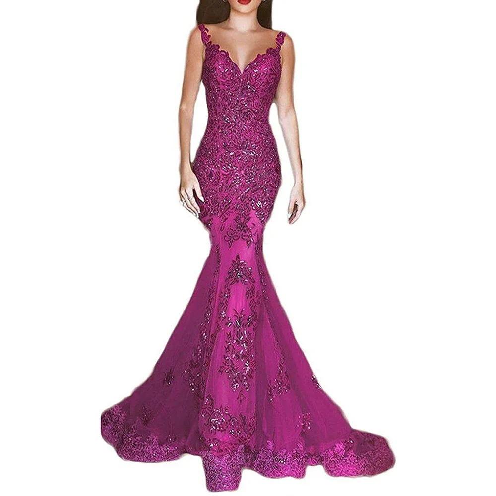 Fuchsia Сексуальное красное вечернее платье русалки, длинное платье с открытой спиной и блестками, вечерние платья, длинное платье - Цвет: Fuchsia