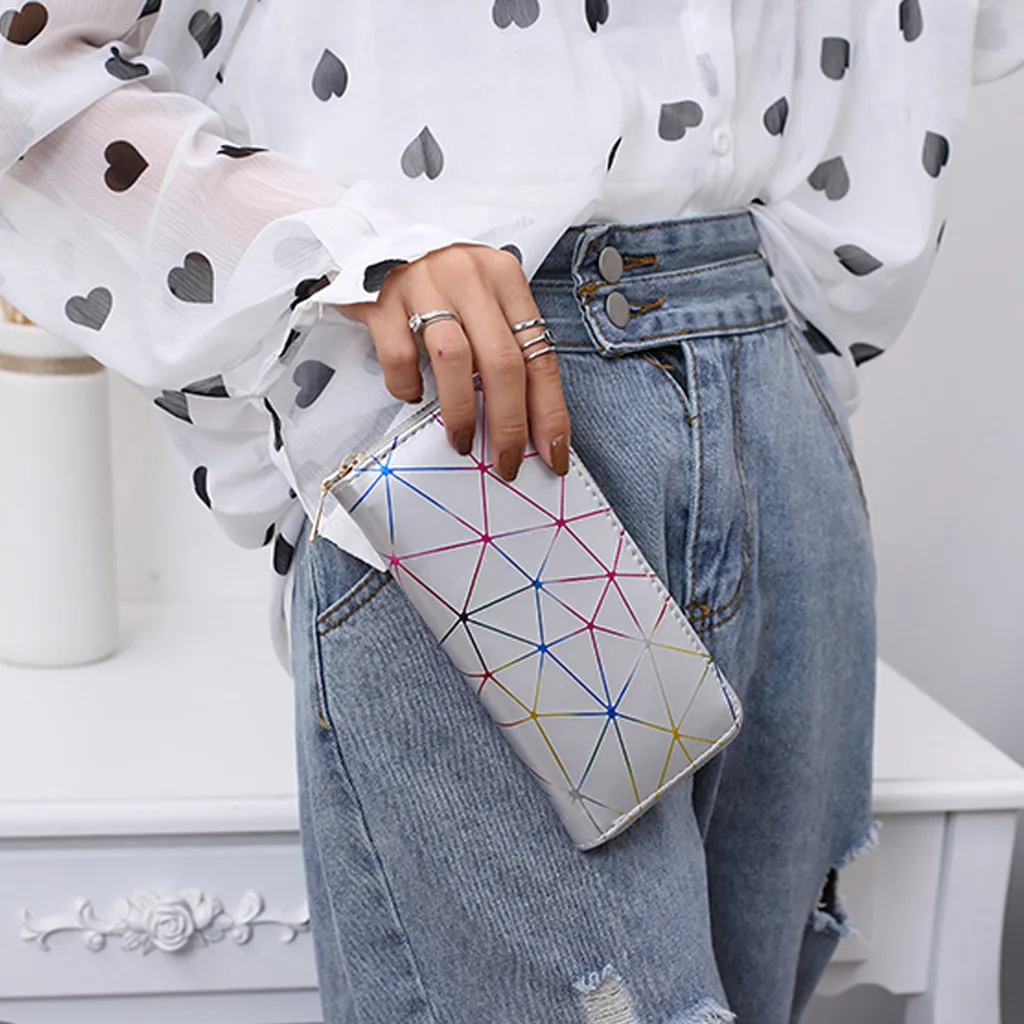 Женский кошелек на молнии длинный кожаный геометрический цветной для монет