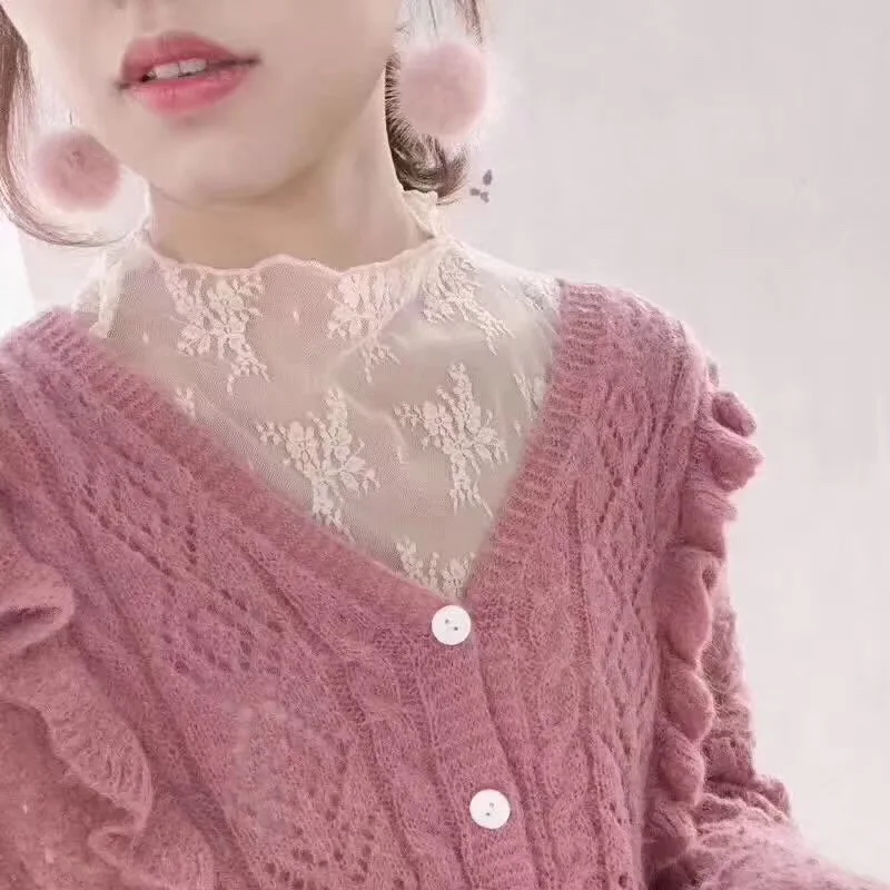 2018 весна лето женская кружевная рубашка с длинными рукавами воротник