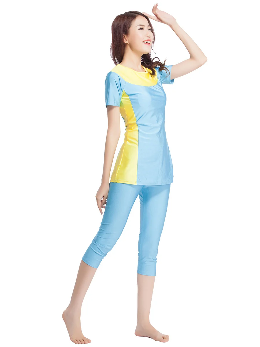 Women Two-piece Muslim Swimwear Short Sleeve Full Coverage Islamic Swimsuits Patchwork Beachwear Modest Bathing Suit Lady XX-387 |