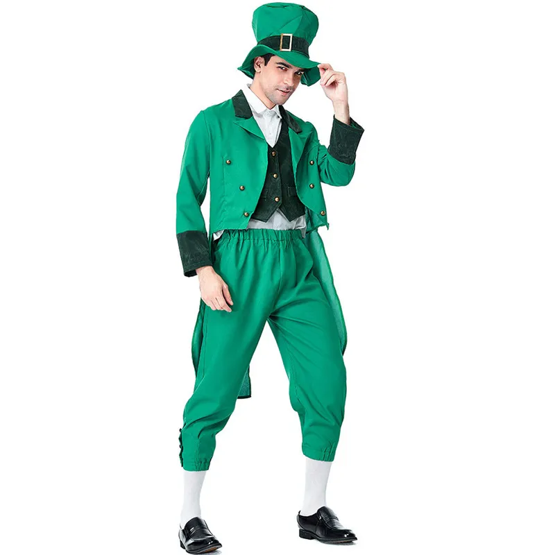 

Green Tuxedo Men Halloween Irish Leprechaun Costumes Ireland Fairy Elf Cosplay Purim Carnival Stage Play Nightclub Party Dress