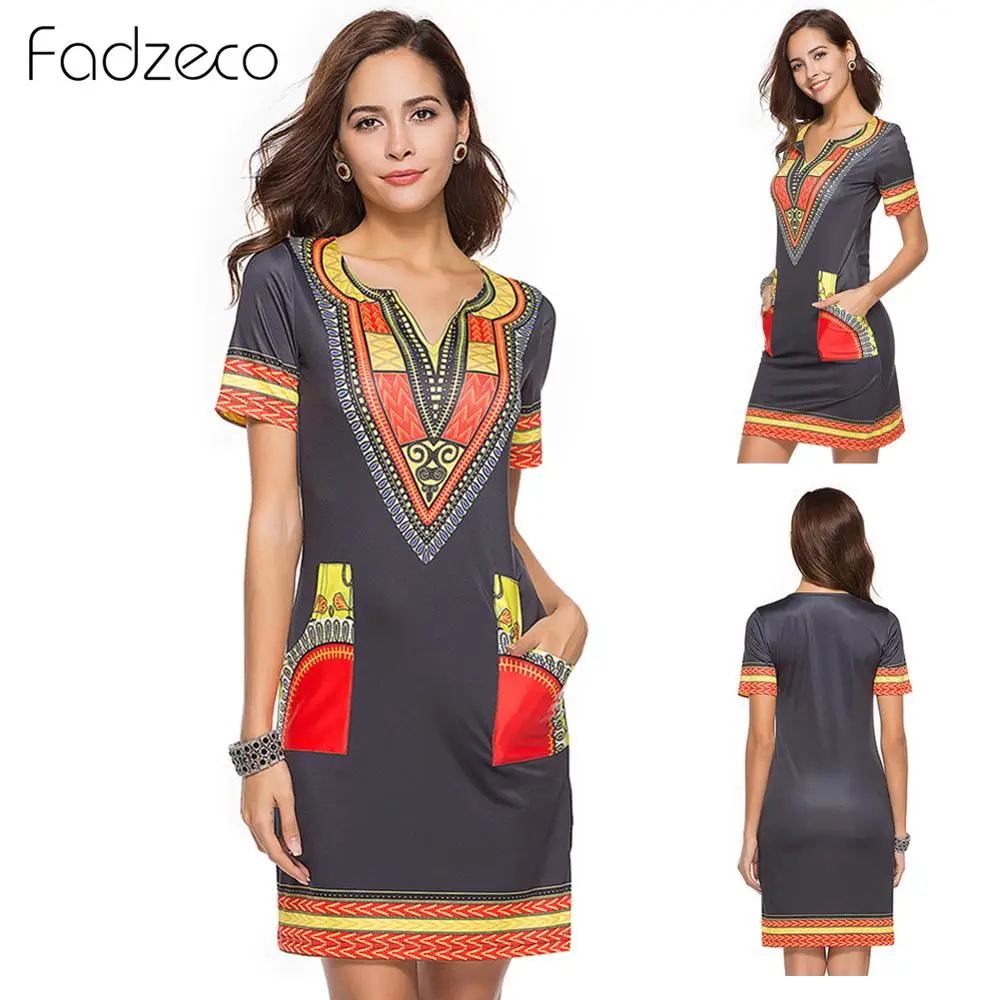 African Dresses for Women Dashiki V Neck Summer Shift Dress Vintage Printed Ethnic Style Mini Vestidos Clothes | Тематическая