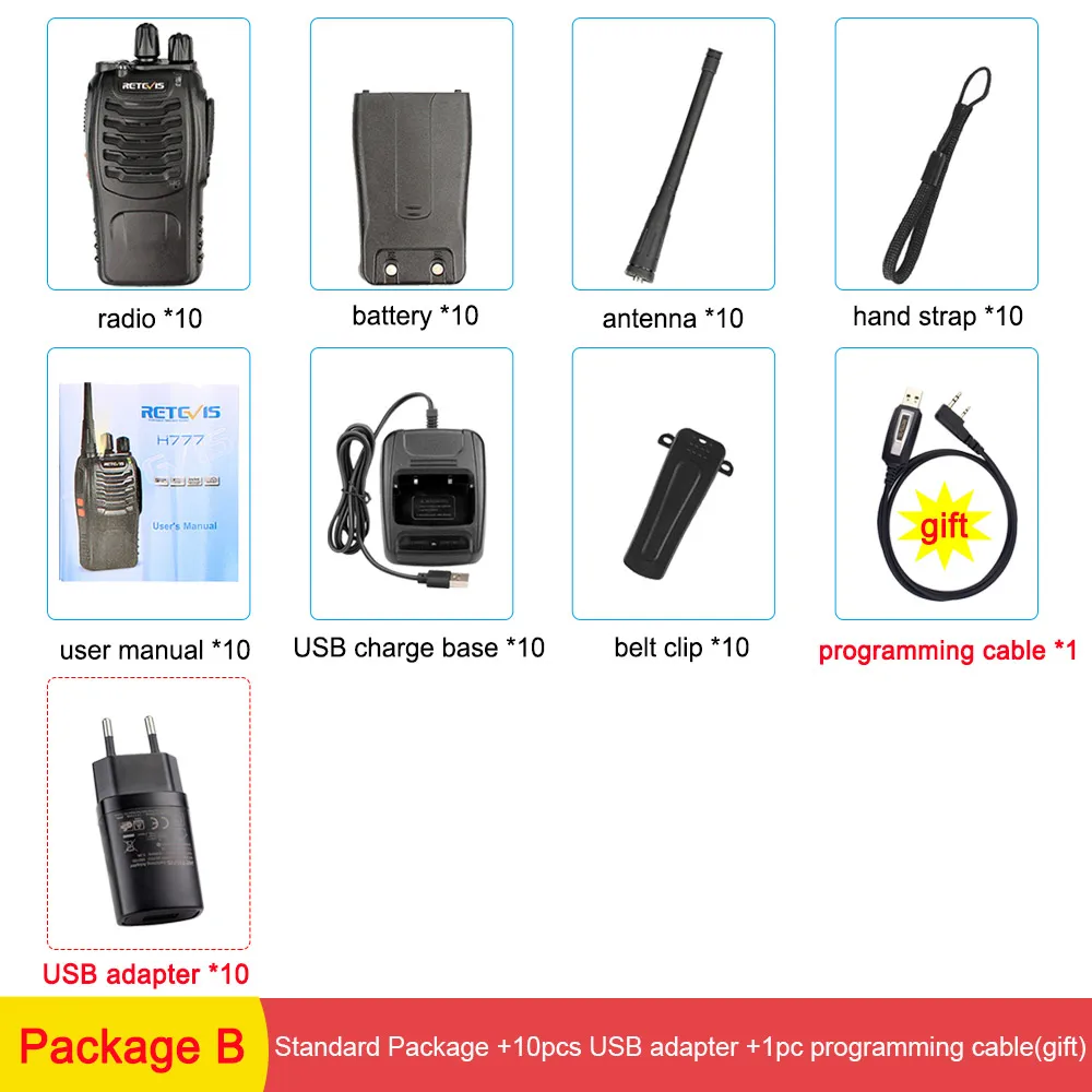 USB Charger Adapter 10 шт. рация Retevis H777 UHF 400-470 МГц 16CH Ham радио Hf трансивер 2 способ радио коммуникатор Comunicador удобный - Цвет: USB Charger Adapter