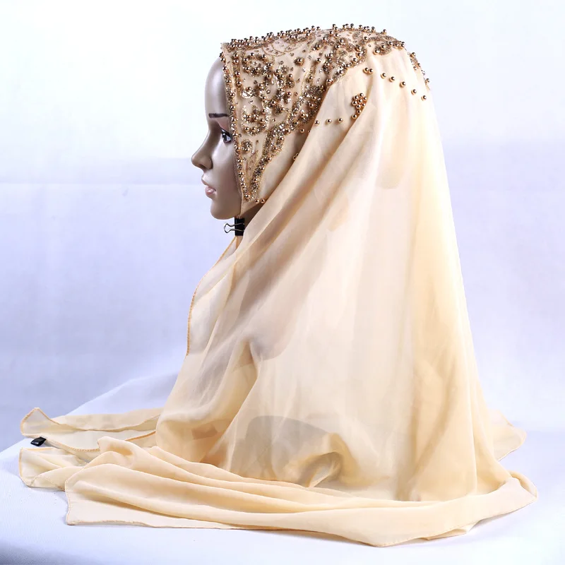 New Arrival Premium Plain Chiffon Hijab Scarf For Muslim Female Gold Pearl Glitter Islamic Turban Headband Shinny Shawl 170*70cm