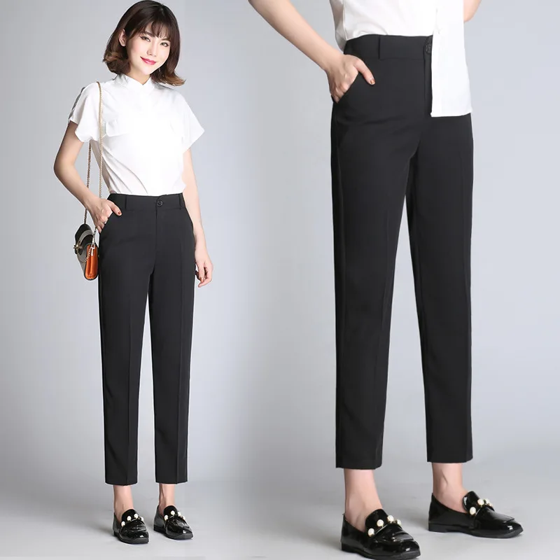 women summer casual pants 2017 fashion pure black high waist slim fit tiny wide leg ankle-length suit for | Женская одежда