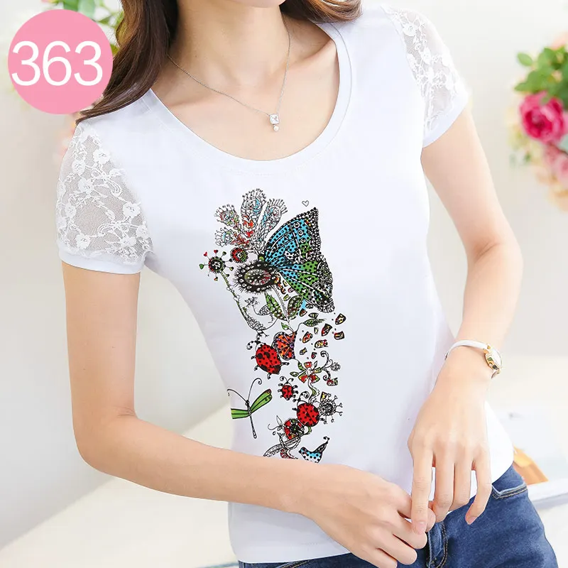 6 Camisetas Mujer летняя Стразы футболка Для женщин кружева короткий рукав леди, поставленные зоводами непосредственно Для женщин s футболка Женские ромбовидные Топы - Цвет: 6