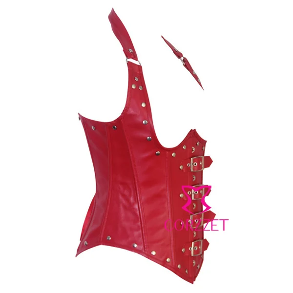 Сексуальный фантазийный красный корсет из искусственной кожи со стальными