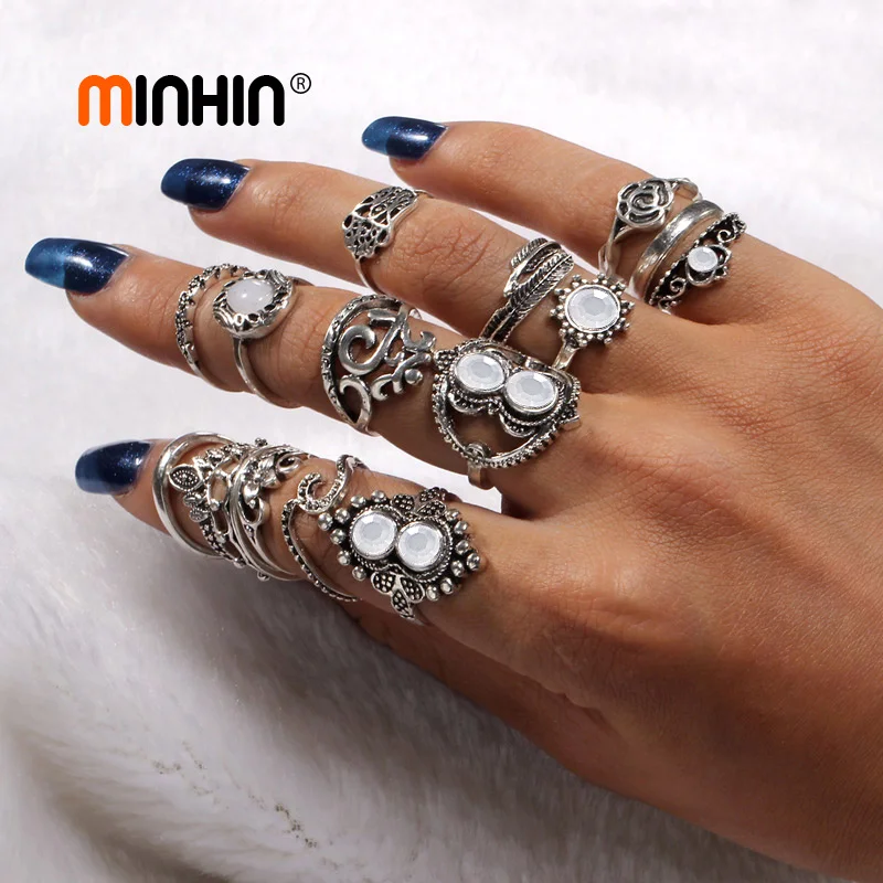 MINHIN 16 PCS/Set Vintage Knuckle Opal Finger Ring Set Flower Heart Design Rings For Women Ethnic African Wedding Jewelry |