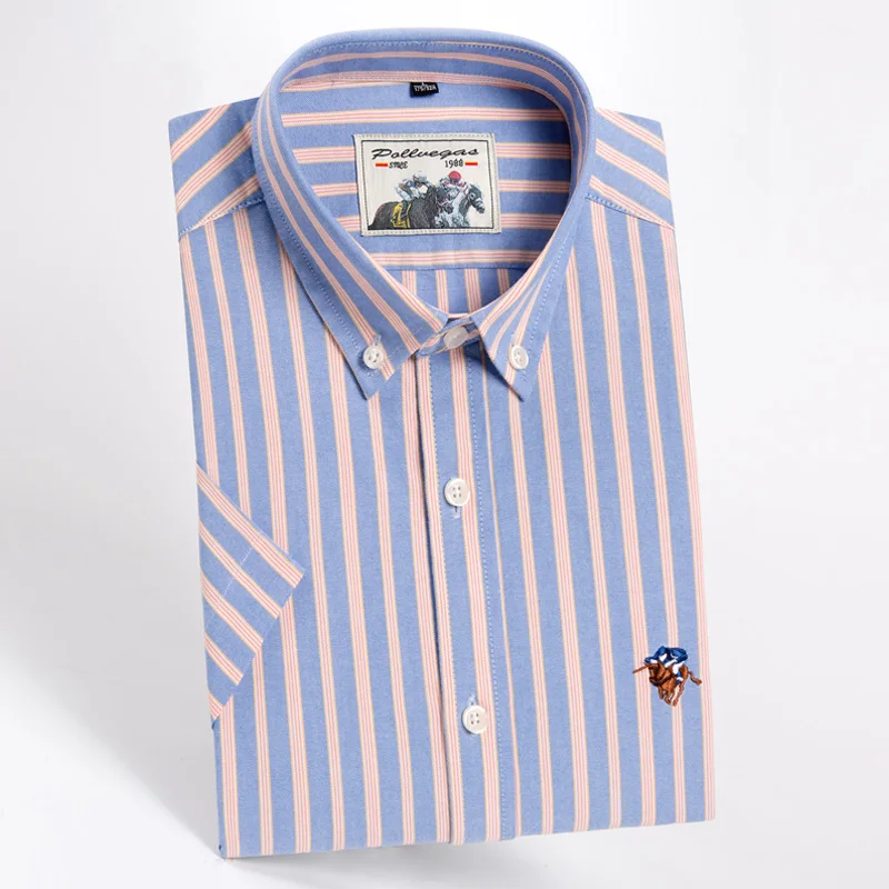 

Fashion High Quality Pure Cotton Solid Color Stripe Twill Casual Business Oxford Short Sleeve Dress Shirts Slim Yellow Pink Blue