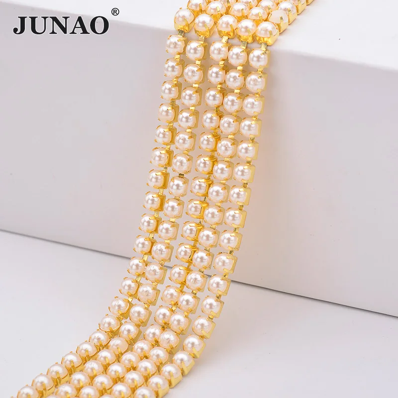 JUNAO, 2 мм, 3 мм, 4 мм, белый жемчуг, цепочка, стразы, лента, отделка, для невесты, жемчужные Аппликации, для шитья, серебряное, золотое, со стразами, для рукоделия