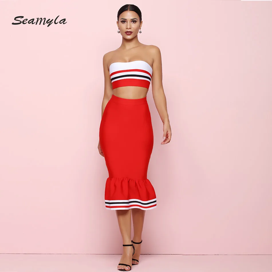 Seamyla новые модные красные комплекты из двух предметов Для женщин Sexy бретелек Bodcyon