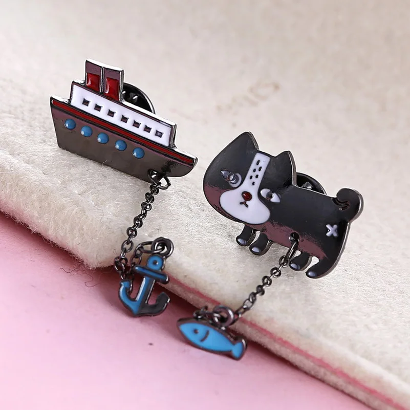 

Cute Cartoon Cat with Fish Boat with Anchor Brooch Pins Fashion Bag Clothing Accessories Jewelry Lots 10 pcs