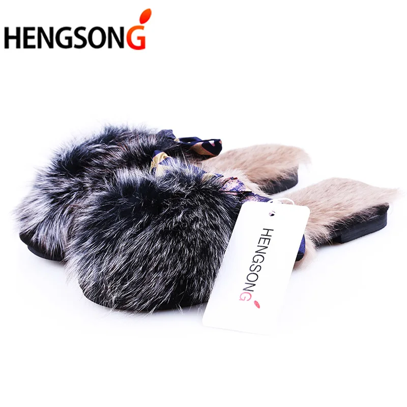 HENGSONG/меховые женские тапочки сезон осень-зима домашние на плоской подошве с
