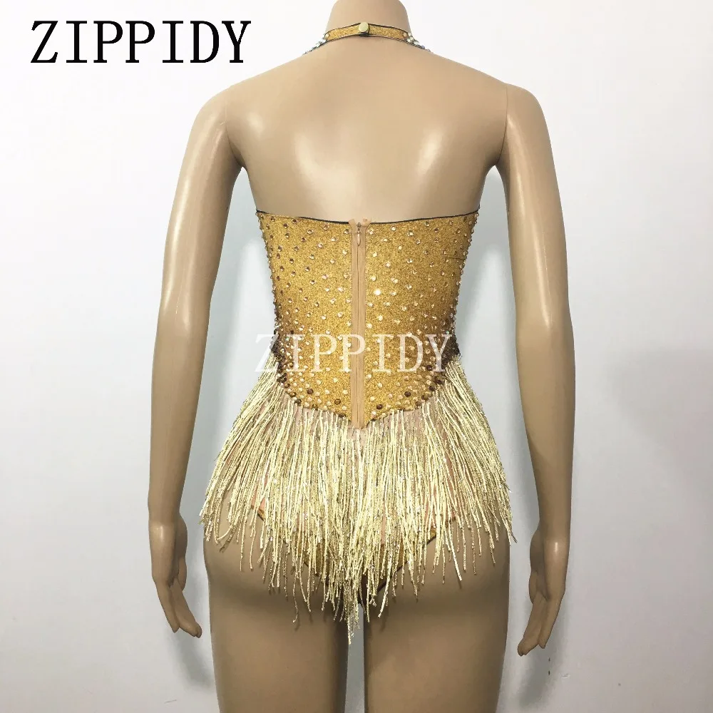 Sparkly Gold Rhinestone Tassel Sexy Bodysuit Bling Crystals Women's Celebrate Leotard Stage Wear Female Singer One Piece Costume