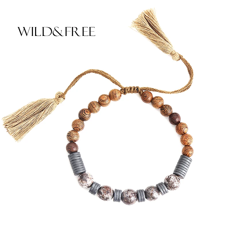 Vintage Natural Stone Bracelets For Women Brown Cottons Tassels Texture Wooden Beads Charm Adjustable Jewelry 2017 New | Украшения и