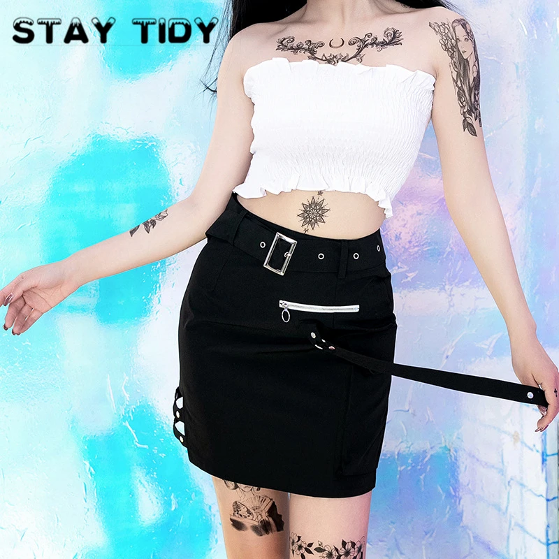 STAY TIDY Сексуальная Готическая стильная юбка с высокой талией вырезами сбоку