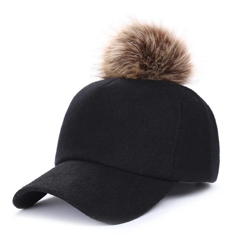 Хип-хоп фетровая бейсбольная кепка Женская Толстая теплая Кепка Snapback Женская Осенняя зимняя Модная Меховая кепка из полиэстера с помпонами - Цвет: JX552 black